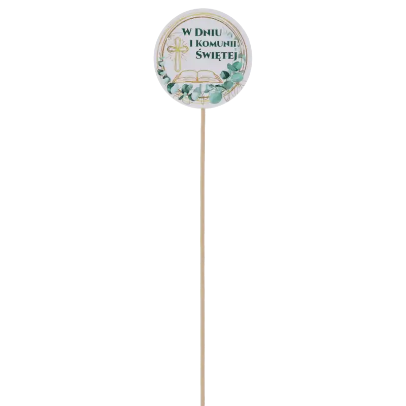 Widok całego toppera komunijnego z Pismem Świętym na długim piku. Dekoracja o wysokości 29 cm przeznaczona do mocowania w bukietach, stroikach oraz kompozycjach.