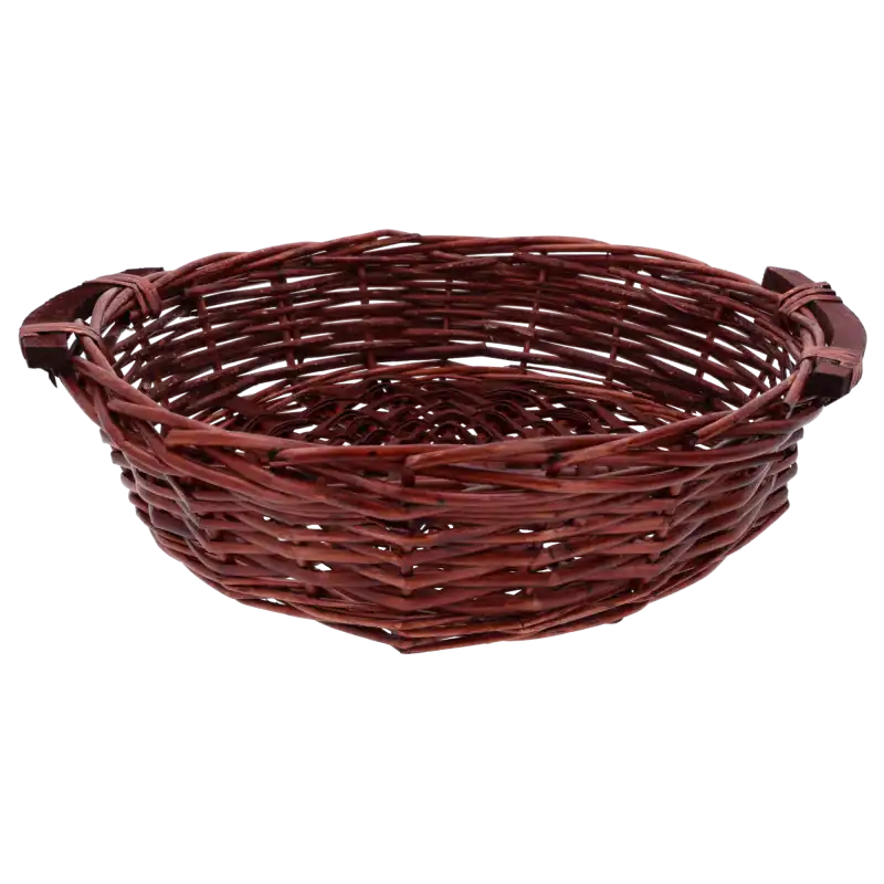 Okrągły kosz wiklinowy w brązowym odcieniu o średnicy 35 cm. Uniwersalny dodatek do wnętrz, idealny na owoce i pieczywo.