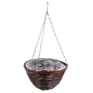 Wiszący kwietnik wiklinowy w kolorze wenge o średnicy 30 cm, wyposażony w folię ochronną oraz łańcuszek z haczykiem.