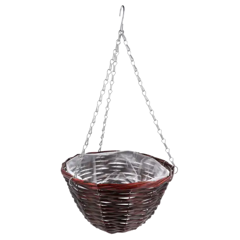 Wiszący kwietnik wiklinowy w kolorze wenge o średnicy 30 cm, wyposażony w folię ochronną oraz łańcuszek z haczykiem.