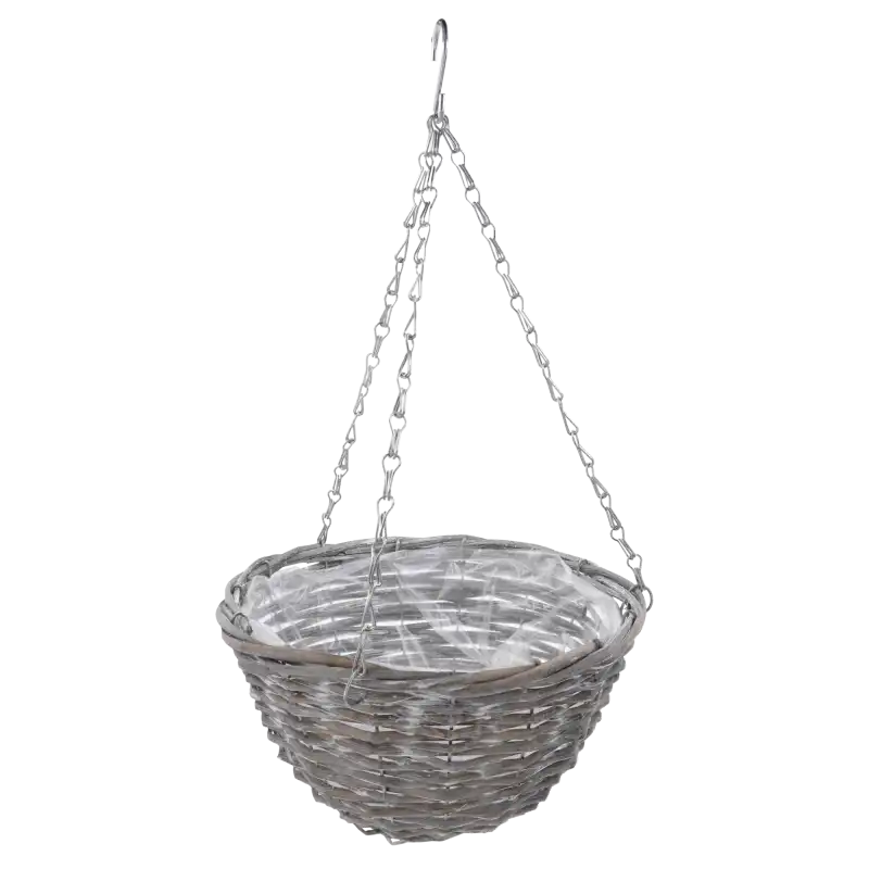 Wiszący kwietnik wiklinowy w kolorze szarym o średnicy 30 cm. Model z praktyczną folią ochronną oraz metalowym łańcuszkiem zakończonym haczykiem, gotowy do ekspozycji roślin.