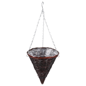 Wiszący kwietnik w formie stożka o średnicy 30 cm w kolorze wenge, z praktyczną folią ochronną i metalowym łańcuszkiem.