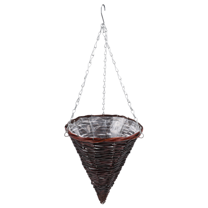 Wiszący kwietnik w formie stożka o średnicy 30 cm w kolorze wenge, z praktyczną folią ochronną i metalowym łańcuszkiem.