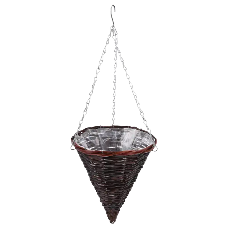 Wiszący kwietnik w formie stożka o średnicy 30 cm w kolorze wenge, z praktyczną folią ochronną i metalowym łańcuszkiem.