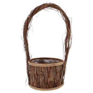 Pojedynczy kosz kwiatowy wykonany z drewna z kory. Posiada wysoką rączkę oraz wewnętrzną folię, idealną do sadzenia żywych kwiatów.