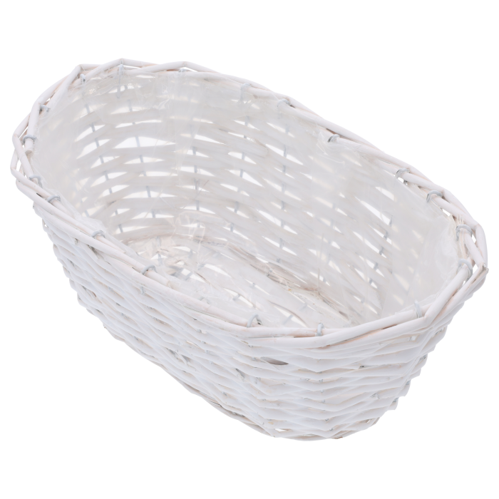 biała wiklinowa skrzynka 30 cm, wiklinowa osłonka na doniczkę, prostokątna osłonka wiklinowa, naturalna osłonka na kwiaty, biała skrzynka z wikliny z folią