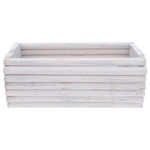 Prostokątna osłonka drewniana z palików pomalowana na biało. Pusta donica o wymiarach 30x15 cm do aranżacji roślinnych.