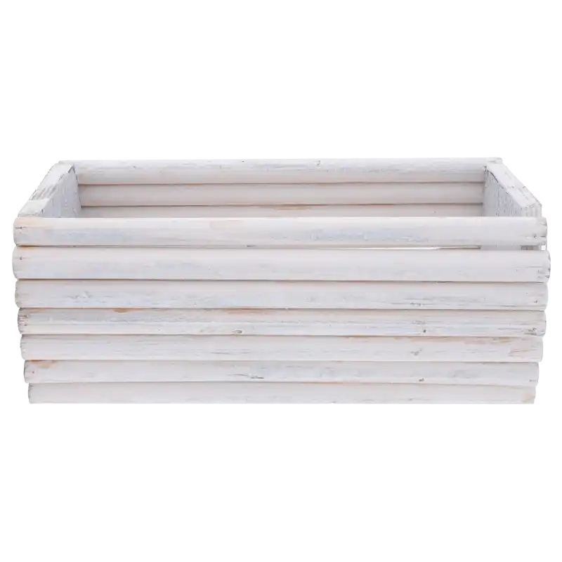 Prostokątna osłonka drewniana z palików pomalowana na biało. Pusta donica o wymiarach 30x15 cm do aranżacji roślinnych.