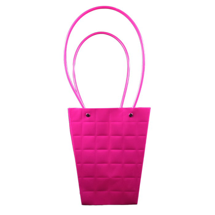 Magenta papierowa torebka na kwiaty o wysokości 42 cm z dwoma uchwytami. Widok frontowy na pustą torebkę o geometrycznej fakturze, idealną do ekspozycji roślin doniczkowych.