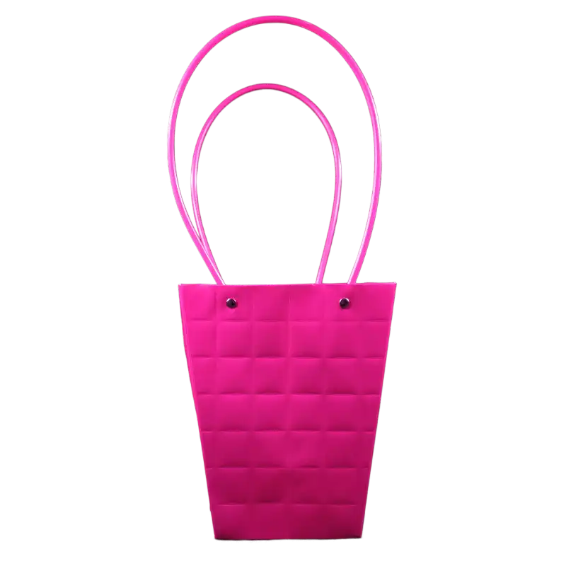 Magenta papierowa torebka na kwiaty o wysokości 42 cm z dwoma uchwytami. Widok frontowy na pustą torebkę o geometrycznej fakturze, idealną do ekspozycji roślin doniczkowych.