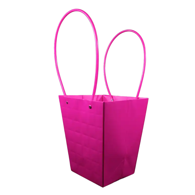 Pusta magenta torebka na kwiaty 42 cm ukazana w perspektywie z boku. Widoczna kwadratowa podstawa i praktyczne uchwyty ułatwiające przenoszenie kwiatów i roślin.
