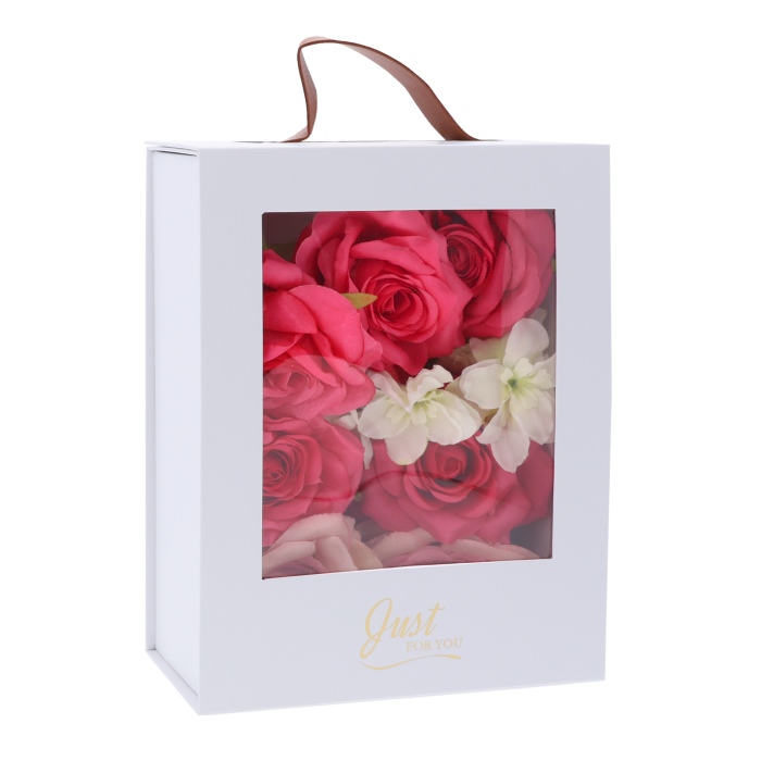 składany flower box z okienkiem biały mały, pudełko na kwiaty z uchwytem białe, flower box Just For You mały, białe pudełko na prezent składane, flower box Trend Deco mały