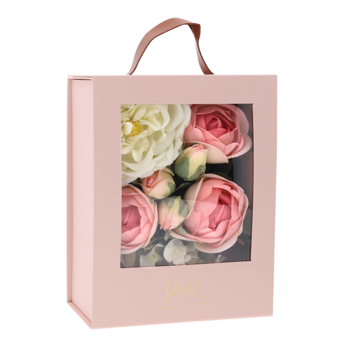 składany flower box z okienkiem różowy mały, pudełko na kwiaty z uchwytem różowe małe, flower box Just For You mały różowy, różowe pudełko na prezent składane małe, flower box Trend Deco mały różowy