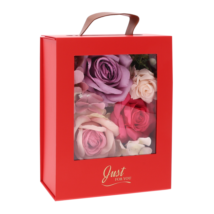 składany flower box z okienkiem czerwony mały, pudełko na kwiaty z uchwytem czerwone małe, flower box Just For You mały czerwony, czerwone pudełko na prezent składane małe, flower box Trend Deco mały czerwony