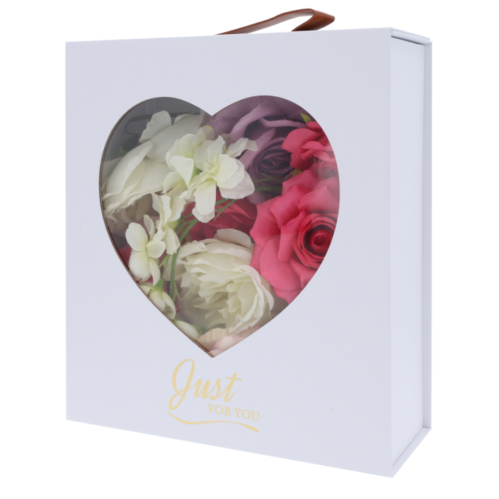 składany flower box okienko serce biały, pudełko na kwiaty Just For You, biały flower box z uchwytem, pudełko na prezent składane serce, flower box Trend Deco