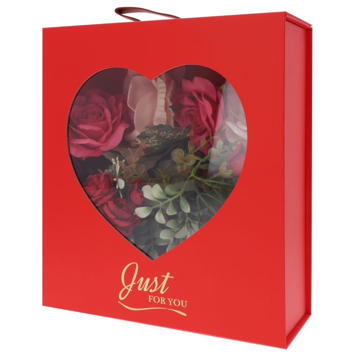 składany flower box okienko serce czerwony, pudełko na kwiaty Just For You czerwone, czerwony flower box z uchwytem, pudełko na prezent składane serce, flower box Trend Deco czerwony