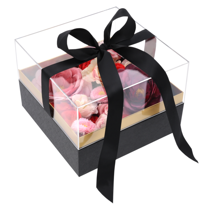 przezroczysty kwadratowy flower box czarny, flower box z przezroczystą pokrywką czarny, pudełko na kwiaty czarne kwadratowe, czarne pudełko na prezent z okienkiem, flower box Trend Deco czarny