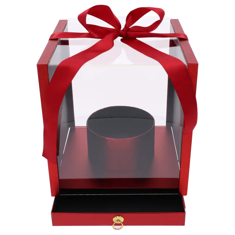 Czerwony flower box z szufladą, który posiada przezroczyste ścianki oraz górę, idealny do prezentacji kwiatowych kompozycji.