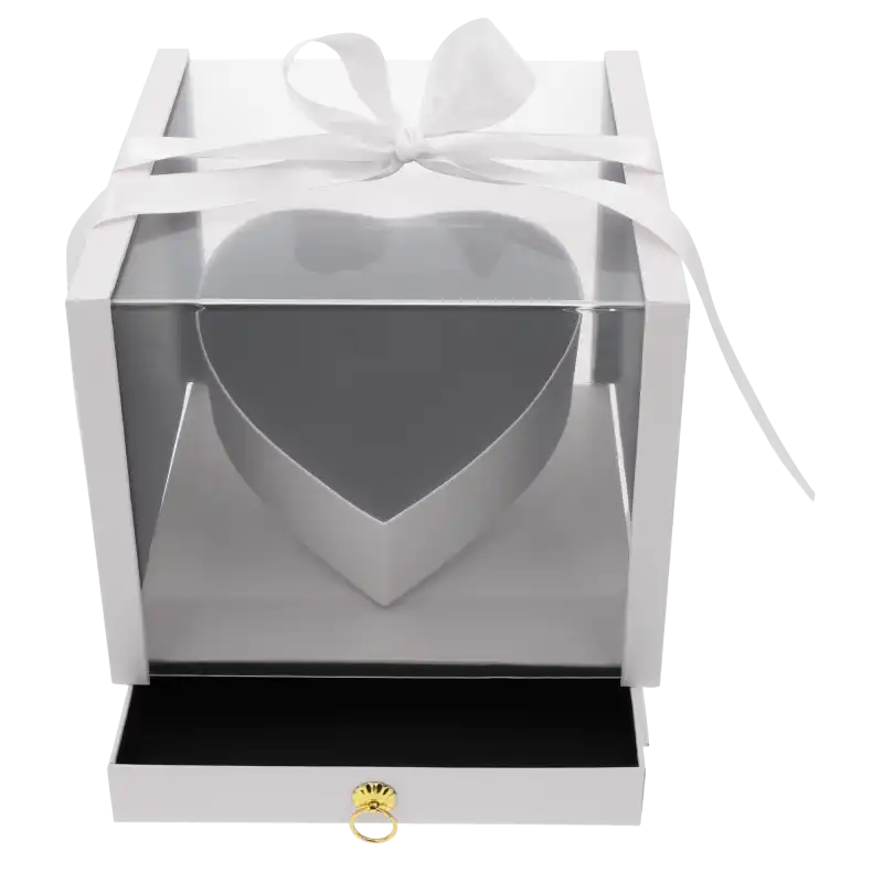 Biały flower box 23x23 cm z sercem, przezroczystą pokrywą i wysuwaną szufladą. Dekoracyjne pudełko z kokardą, idealne na kwiaty i prezenty.
