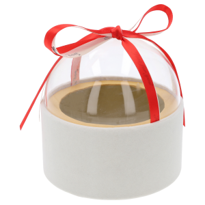 Biały welurowy flower box w kształcie półkuli o średnicy 13 cm. Posiada przezroczystą pokrywkę i elegancką czerwoną wstążkę z napisem Just for you.
