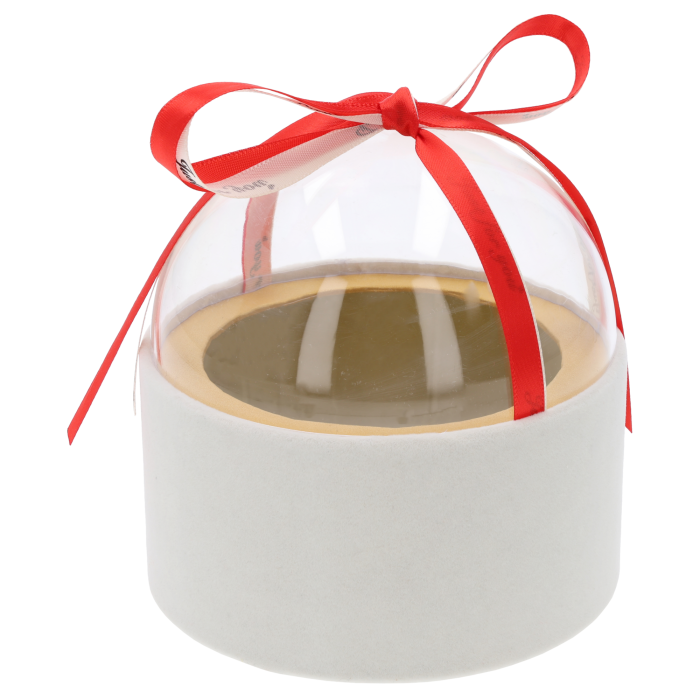 Biały welurowy flower box w kształcie półkuli o średnicy 13 cm. Posiada przezroczystą pokrywkę i elegancką czerwoną wstążkę z napisem Just for you.