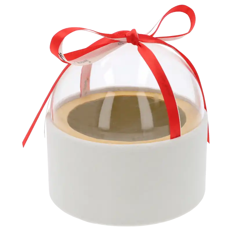 Biały welurowy flower box w kształcie półkuli o średnicy 13 cm. Posiada przezroczystą pokrywkę i elegancką czerwoną wstążkę z napisem Just for you.