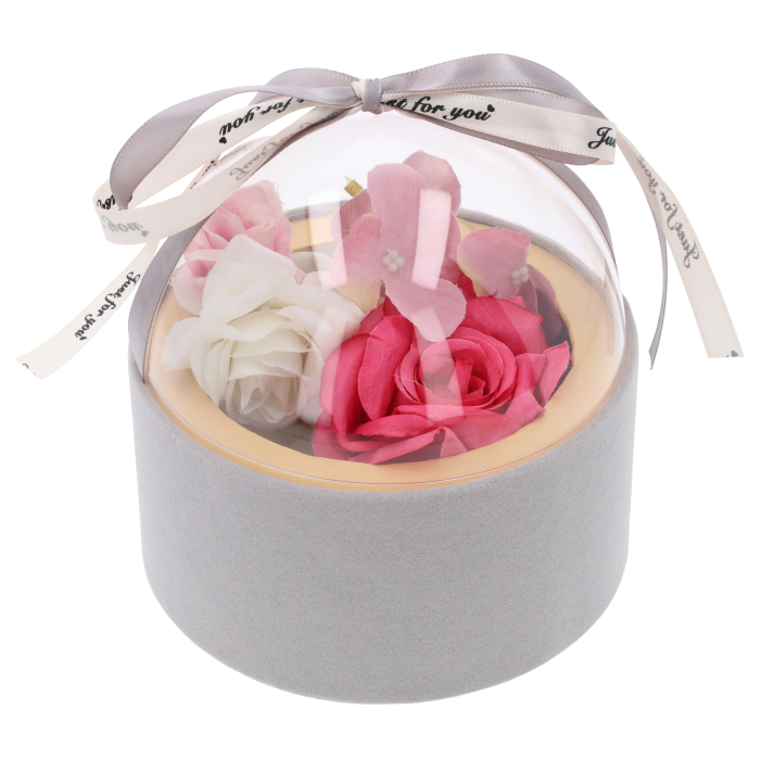Szary welurowy flower box, przezroczysta półkula, pudełko na kwiaty z pokrywką, Walentynki,
