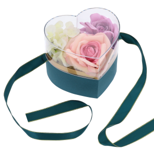 Prezentacja flower boxa z kwiatami, ujęta z góry. Przezroczysta pokrywa pozwala na efektowne wyeksponowanie kompozycji roślinnej.