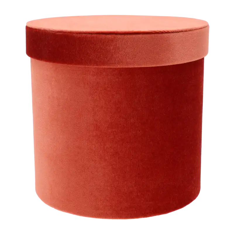 Pojedynczy okrągły flower box w głębokim rudym odcieniu. Welurowa powierzchnia pudełka z dopasowaną pokrywką.