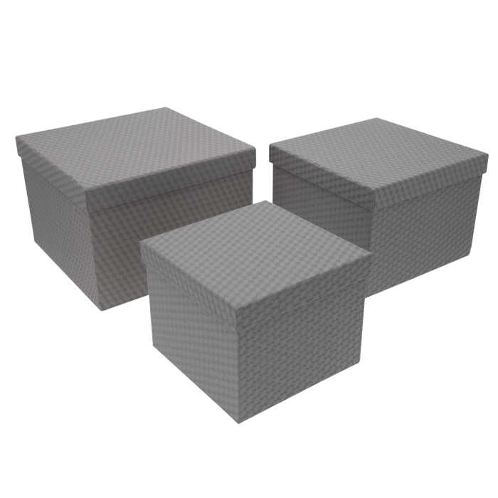 Zestaw trzech szarych kwadratowych flower boxów z dopasowanymi pokrywkami w różnych rozmiarach S, M i L. Eleganckie pudełka dekoracyjne wykonane ze wzmacnianego papieru o unikalnej fakturze.