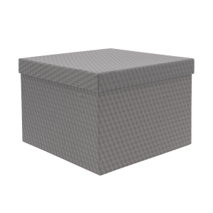 Pojedynczy szary kwadratowy flower box z nałożoną pokrywką. Widoczna szczegółowa faktura wzmacnianego papieru, z którego wykonano pudełko.