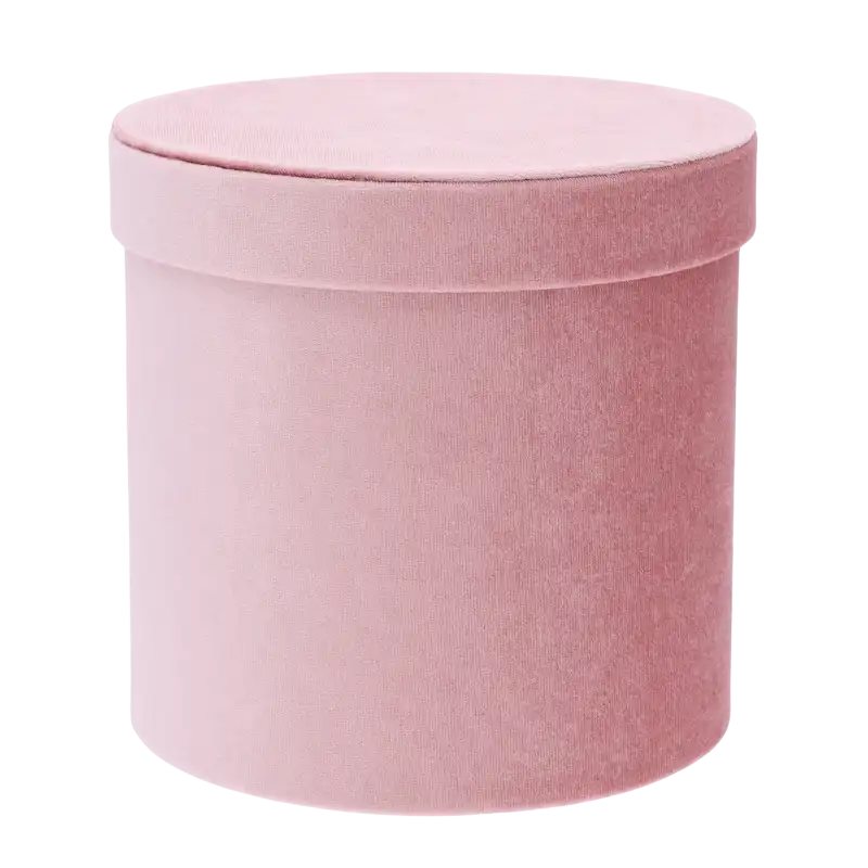 Pojedynczy okrągły flower box w kolorze różowym. Welurowa powierzchnia pudełka z dopasowaną pokrywką.