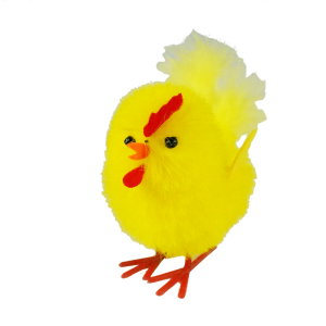 Pojedynczy żółty kurczak wielkanocny o wysokości 9,5 cm. Figurka posiada wyraźne oczka, dziób, grzebyk oraz nóżki.