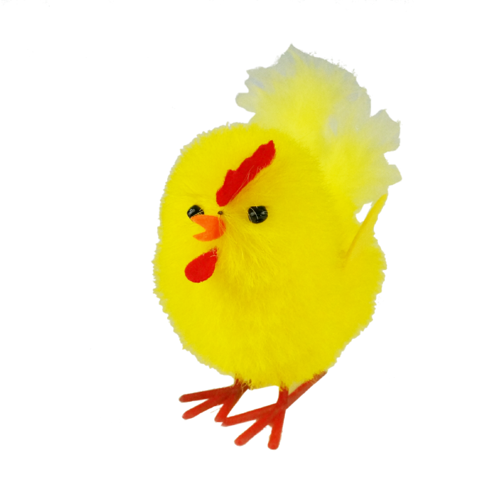Pojedynczy żółty kurczak wielkanocny o wysokości 9,5 cm. Figurka posiada wyraźne oczka, dziób, grzebyk oraz nóżki.