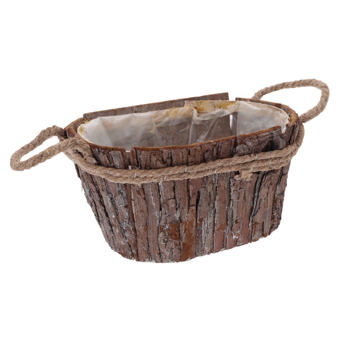 osłonka z kory, naturalna osłonka, osłonka drewniana, osłonka z uchwytami, osłonka ze sznura, osłonka owalna, osłonka na kwiaty, osłonka z folią, dekoracje z kory, rustykalna osłonka, osłonka 25x18 cm