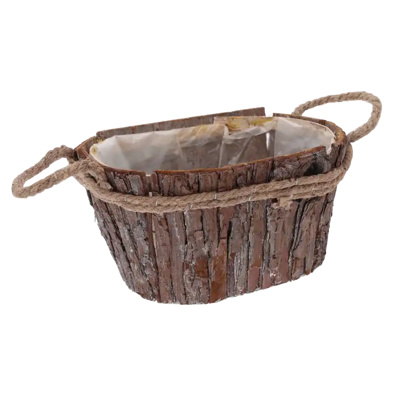 Naturalna osłonka drewniana z kory o wymiarach 25x18 cm, wyposażona w praktyczne uchwyty ze sznura i folię ochronną wewnątrz.