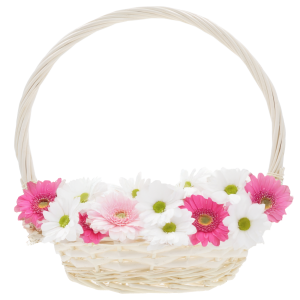Naturalny okrągły kosz wiklinowy o średnicy 28 cm z kompozycją kolorowych kwiatów, idealny jako stylowa osłonka lub prezent w rozmiarze S.