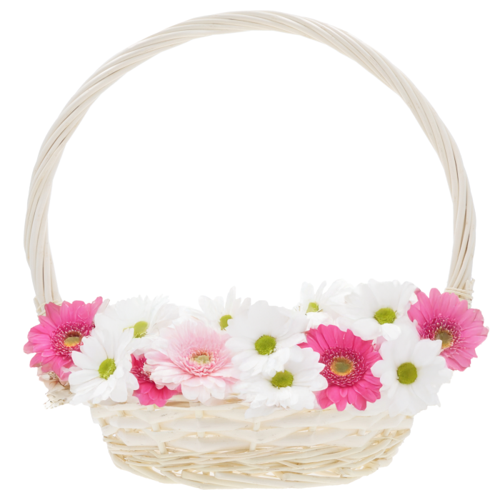 Naturalny okrągły kosz wiklinowy o średnicy 28 cm z kompozycją kolorowych kwiatów, idealny jako stylowa osłonka lub prezent w rozmiarze S.