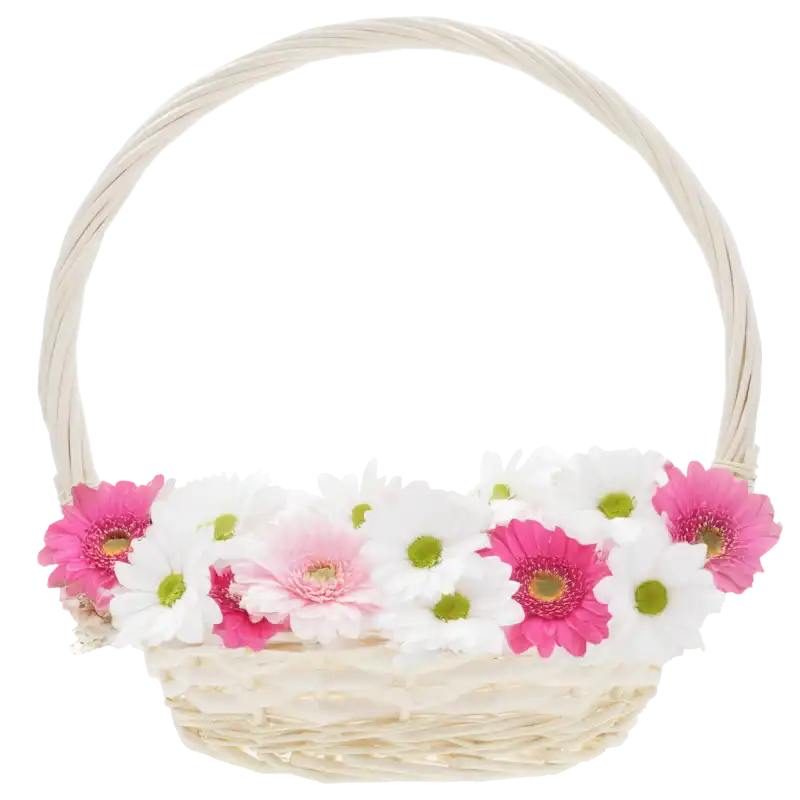 Naturalny okrągły kosz wiklinowy o średnicy 28 cm z kompozycją kolorowych kwiatów, idealny jako stylowa osłonka lub prezent w rozmiarze S.