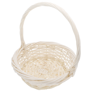Okrągły kosz wiklinowy o średnicy 28 cm z wysokim pałąkiem, prezentujący wnętrze kosza i naturalne wykończenie wikliny.