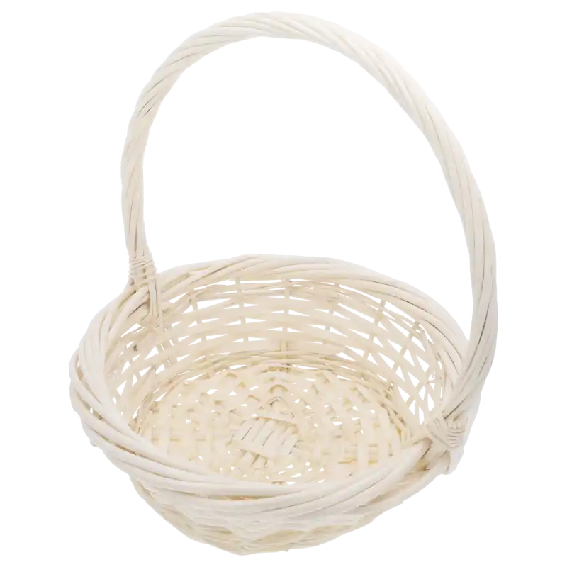 Okrągły kosz wiklinowy o średnicy 28 cm z wysokim pałąkiem, prezentujący wnętrze kosza i naturalne wykończenie wikliny.
