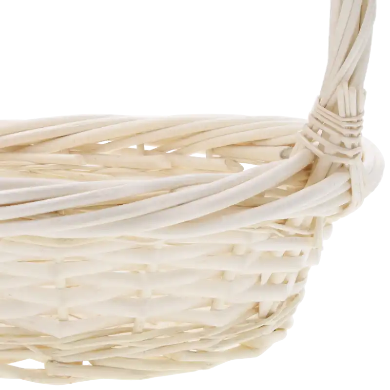 Zbliżenie na precyzyjny splot wikliny oraz mocowanie pałąka do okrągłego kosza o średnicy 28 cm, podkreślające naturalne detale.