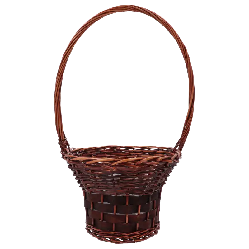 Brązowy kosz wiklinowy kwiatowy M o wysokości 55 cm. Naturalny materiał, praktyczna rączka oraz wewnętrzna folia ochronna ułatwiająca tworzenie aranżacji florystycznych.
