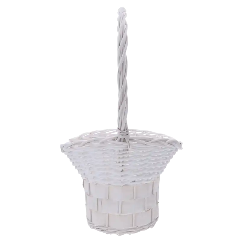Pusty biały kosz z wikliny z pionowo ustawioną rączką, ukazujący kształt i konstrukcję produktu z profilu.