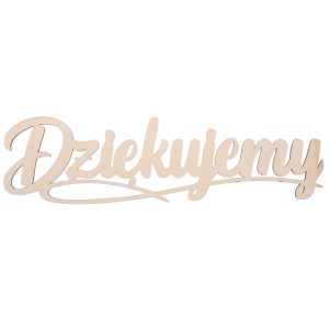 Drewniany napis Dziękujemy o wymiarach 31x8 cm. Ozdobny topper w naturalnym kolorze drewna przeznaczony do personalizacji prezentów.