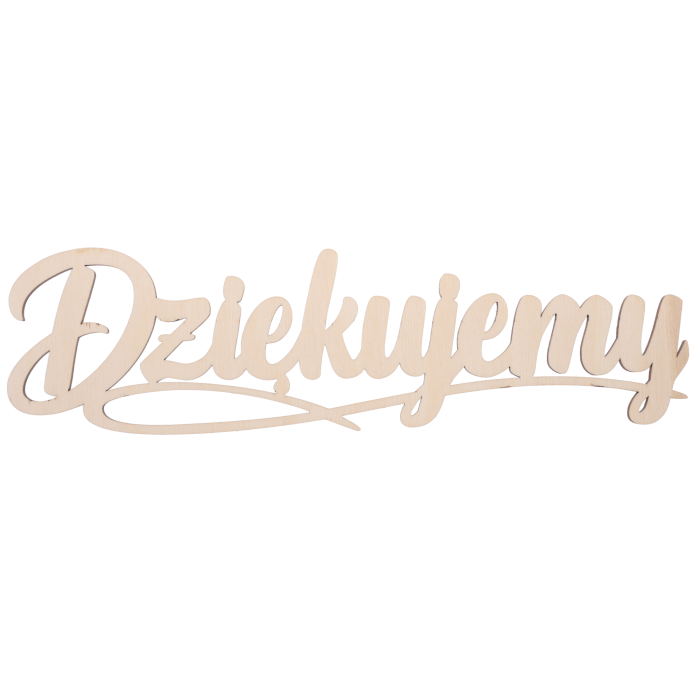 Drewniany napis Dziękujemy o wymiarach 31x8 cm. Ozdobny topper w naturalnym kolorze drewna przeznaczony do personalizacji prezentów.