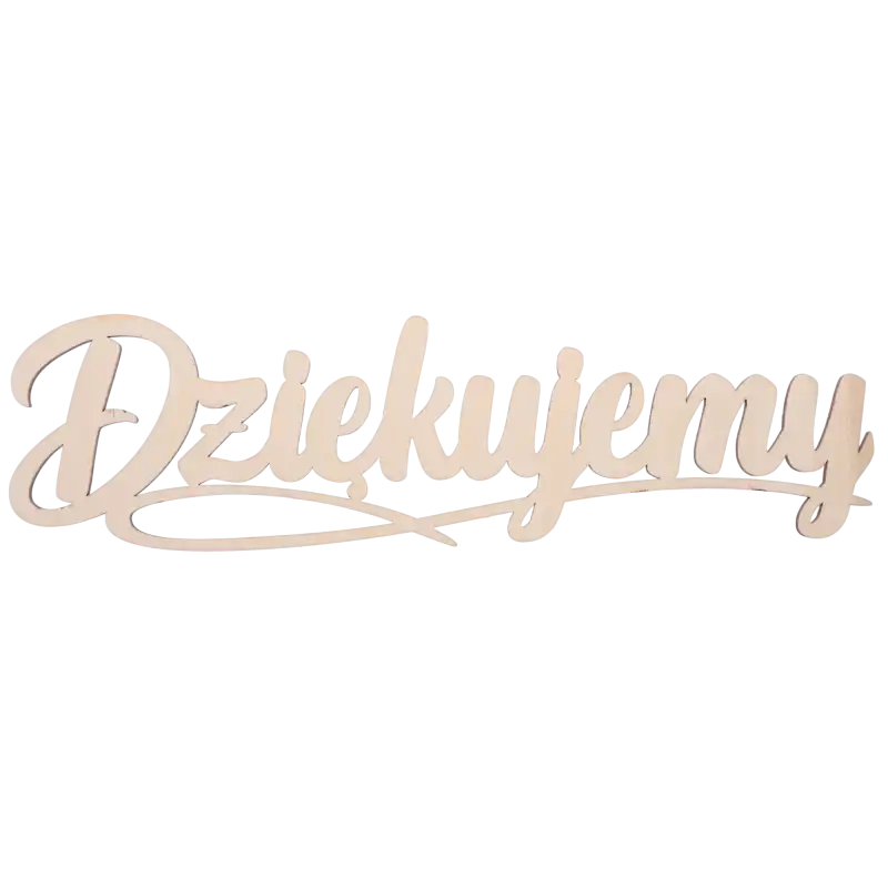 Drewniany napis Dziękujemy o wymiarach 31x8 cm. Ozdobny topper w naturalnym kolorze drewna przeznaczony do personalizacji prezentów.