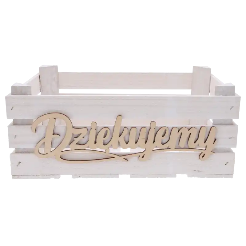 Drewniany napis Dziękujemy umieszczony na froncie jasnej, drewnianej skrzynki prezentowej jako element dekoracyjny.