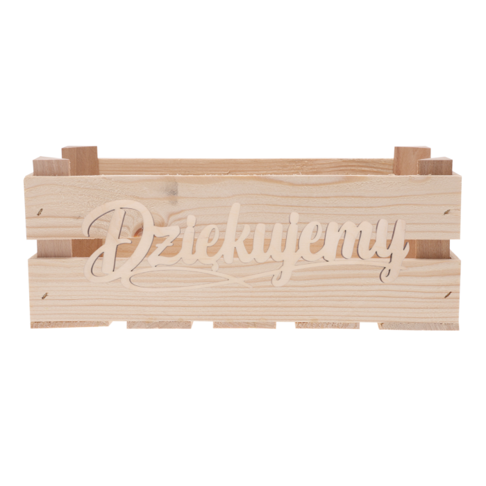 Pojemna drewniana skrzynka Dziękujemy, dekoracja do salonu, pojemnik na drobiazgi, prezent na Dzień Nauczyciela, Pepco Home, Homla Design, Home&amp;you Decor.