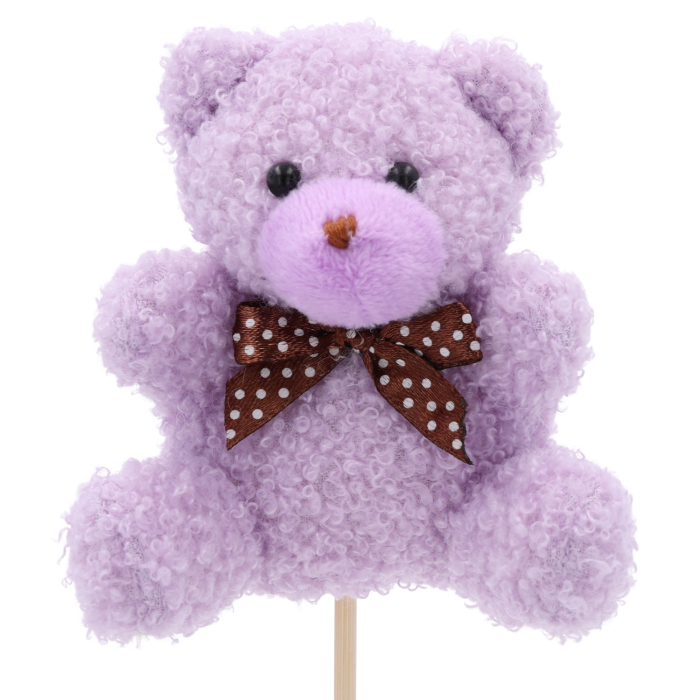 fioletowy miś na piku, pluszowy niedźwiadek, dekoracja bukietu, prezent dla dziecka, prezent dla ukochanej, topper dekoracyjny, personalizacja prezentu, ozdoba do skrzynki prezentowej, miś pluszowy, miś na patyku, miś w kropki